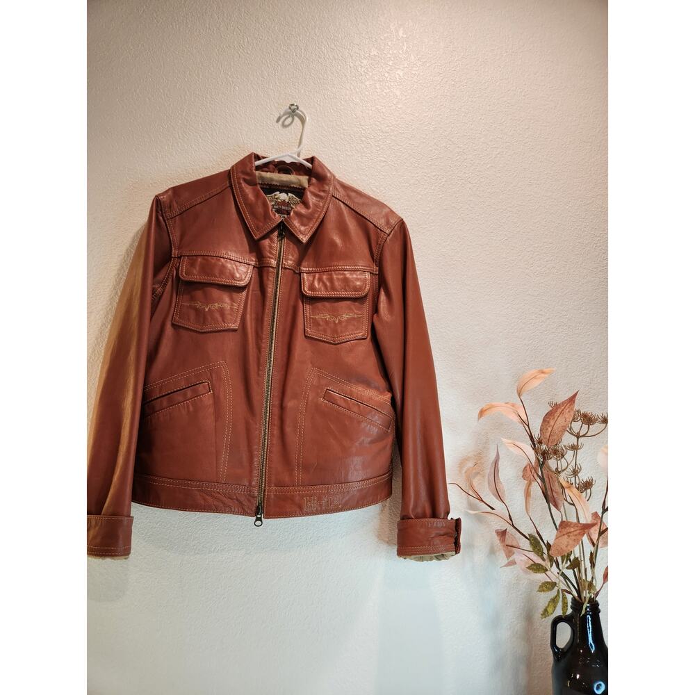 Harley-Davidson Women's Leather Jacket Brown Beaded Wings Size L‎ Vintage 2006